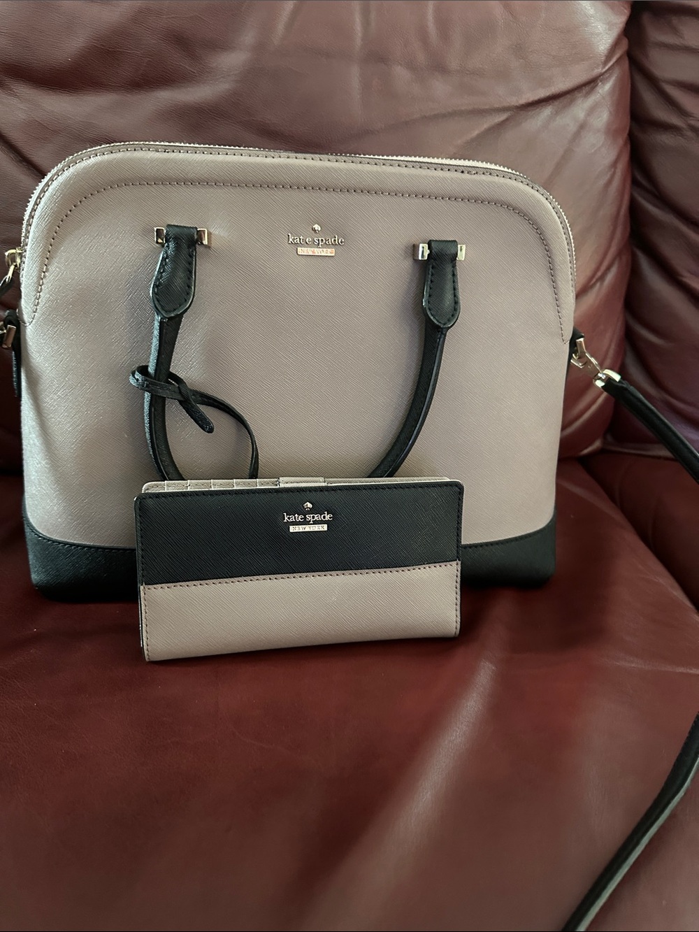 kate spade Taupe and Black Dome Satchel with Crossbody Strap